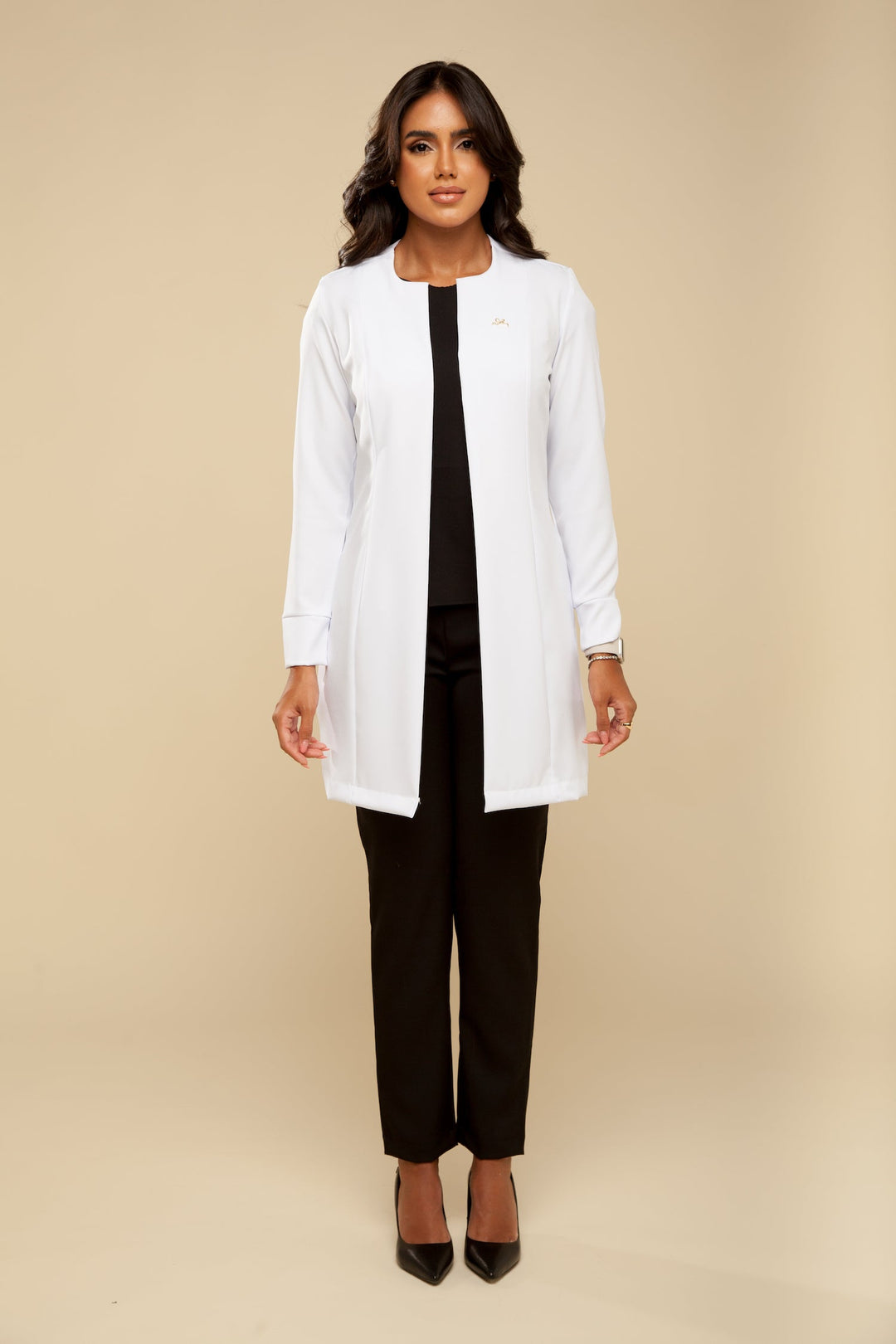 Eva white women’s lab coat with elegant open-front design