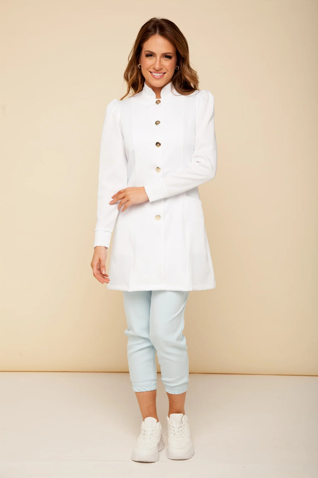 France women’s white lab coat with elegant stand collar