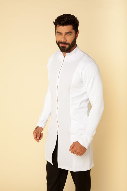 Men's white lab coat with stretch side panels
