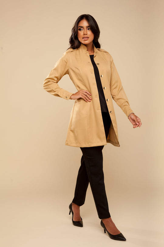 Camel lab coat for women with elegant professional design
