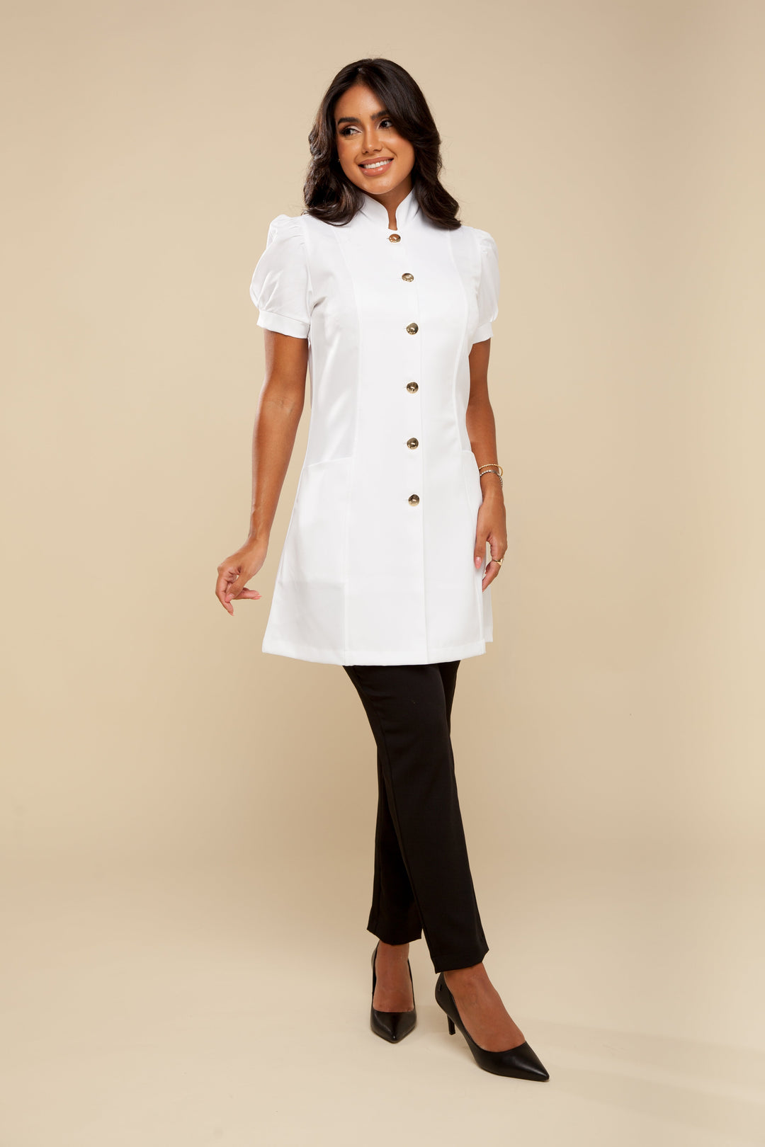 France Women's White Short Sleeve Lab Coat