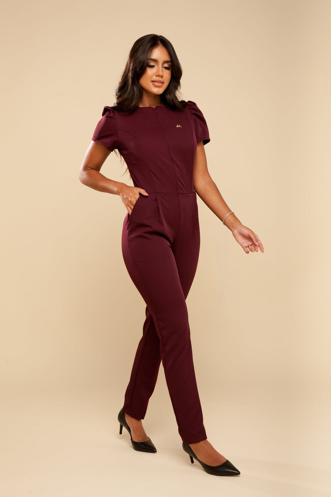 Lille women’s wine scrub jumpsuit with functional side pockets