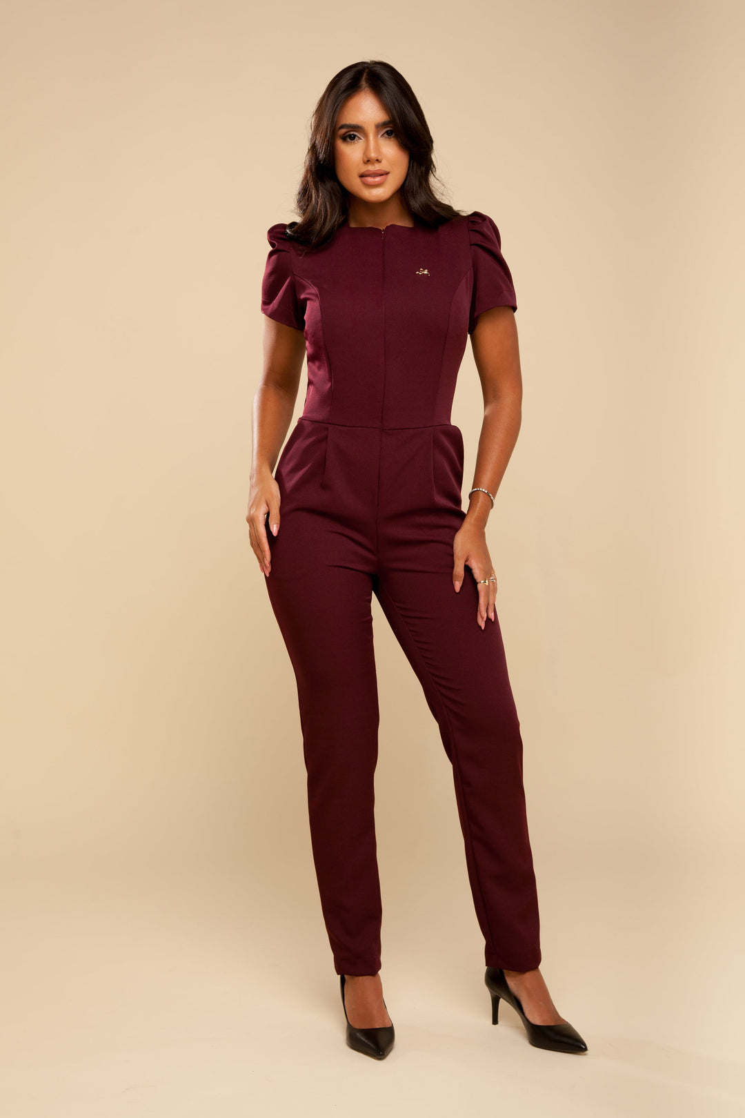 Elegant wine scrub jumpsuit for healthcare and wellness professionals