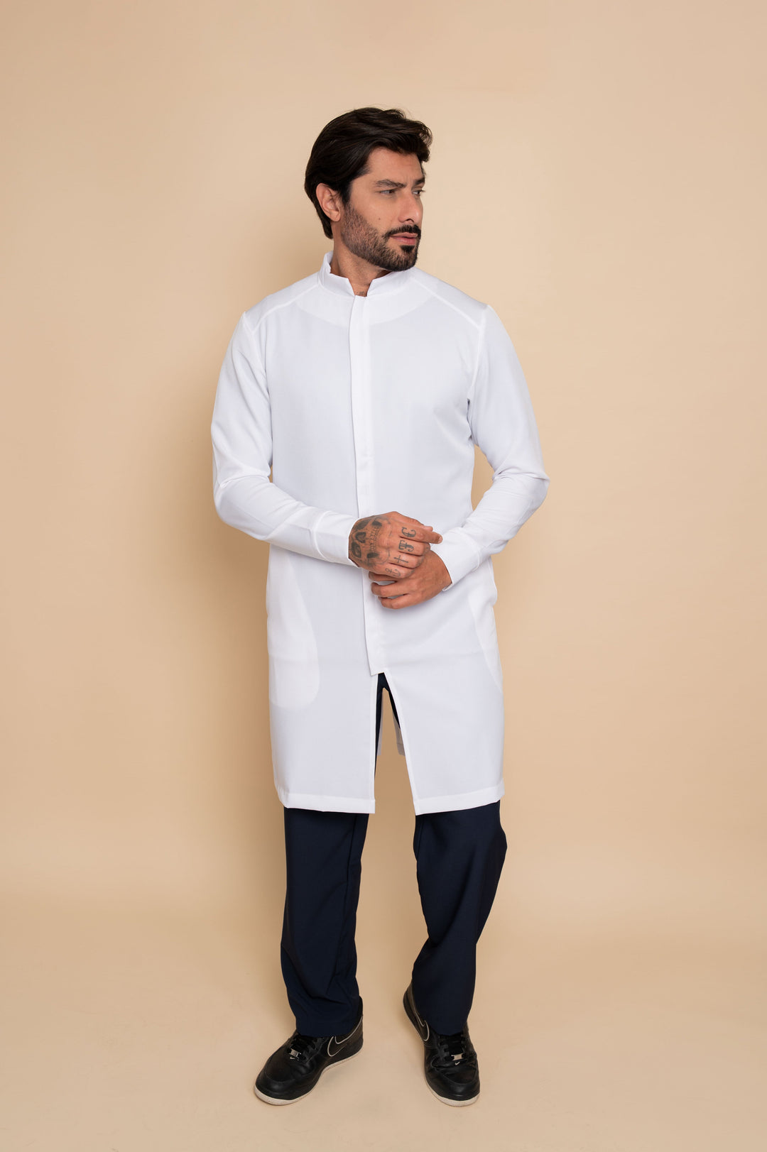 Men's white lab coat with mandarin collar