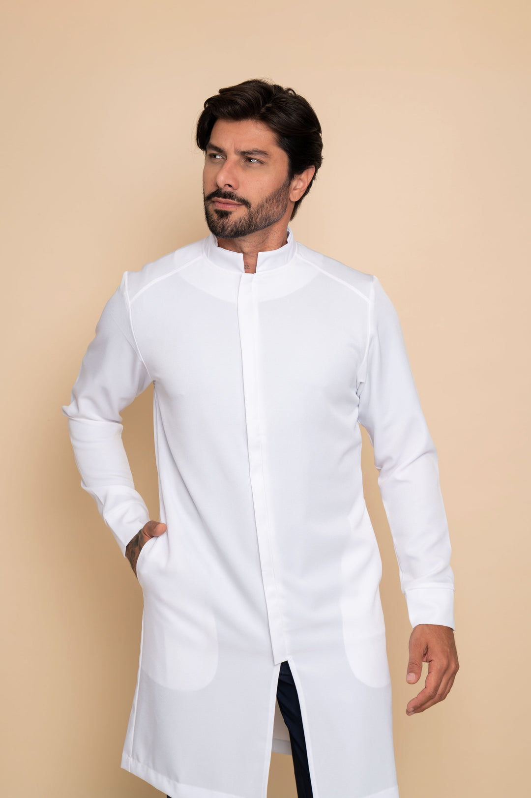 Men's slim fit white lab coat with hidden zipper