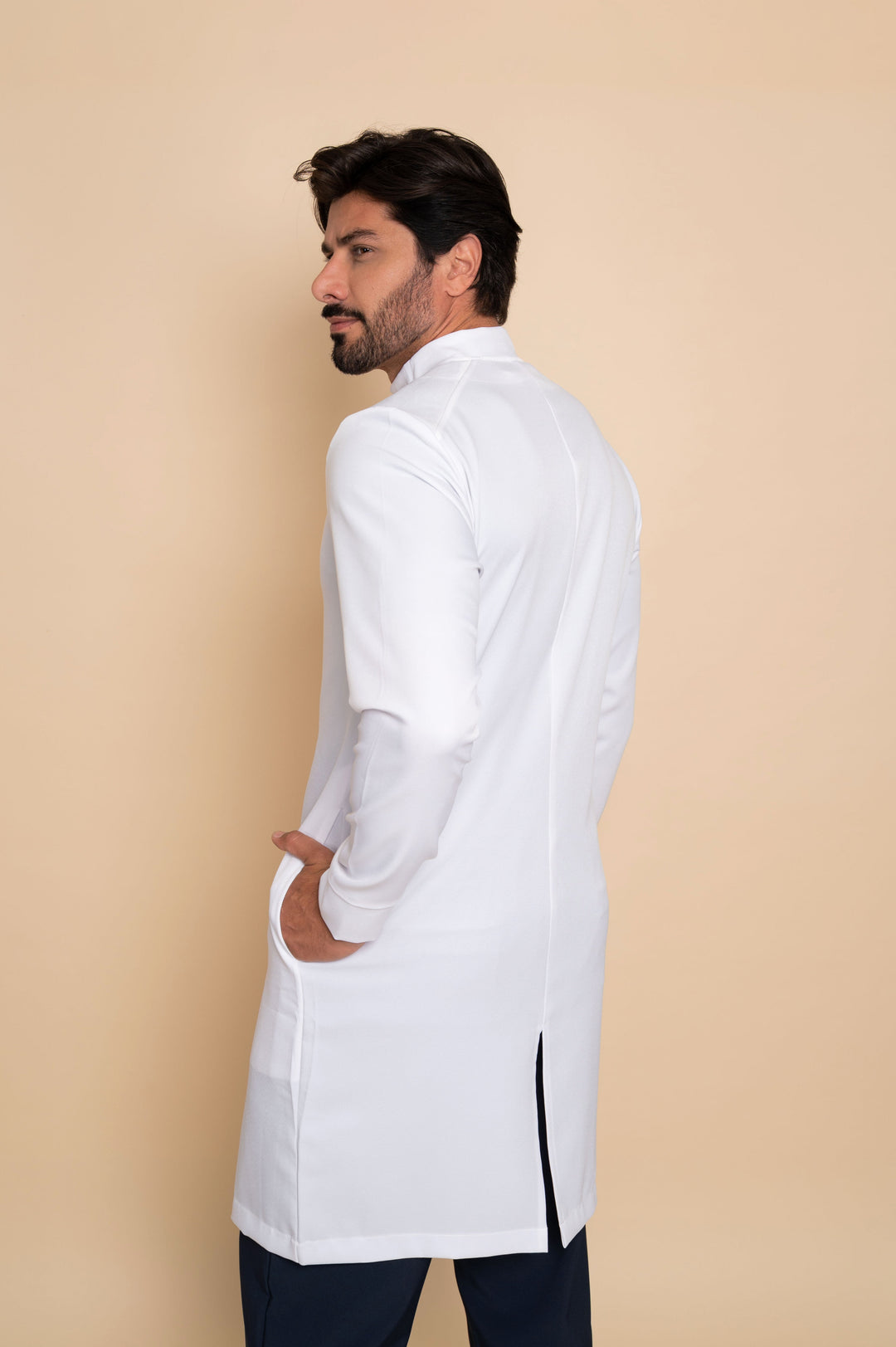 Men's white medical lab coat with side pockets