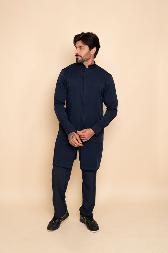 Men's navy medical lab coat with side pockets