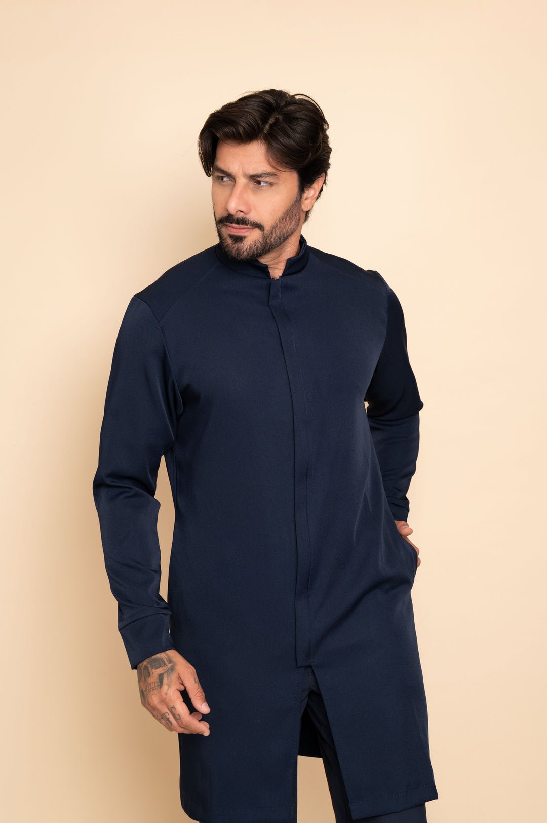 Men's slim fit navy lab coat with hidden zipper