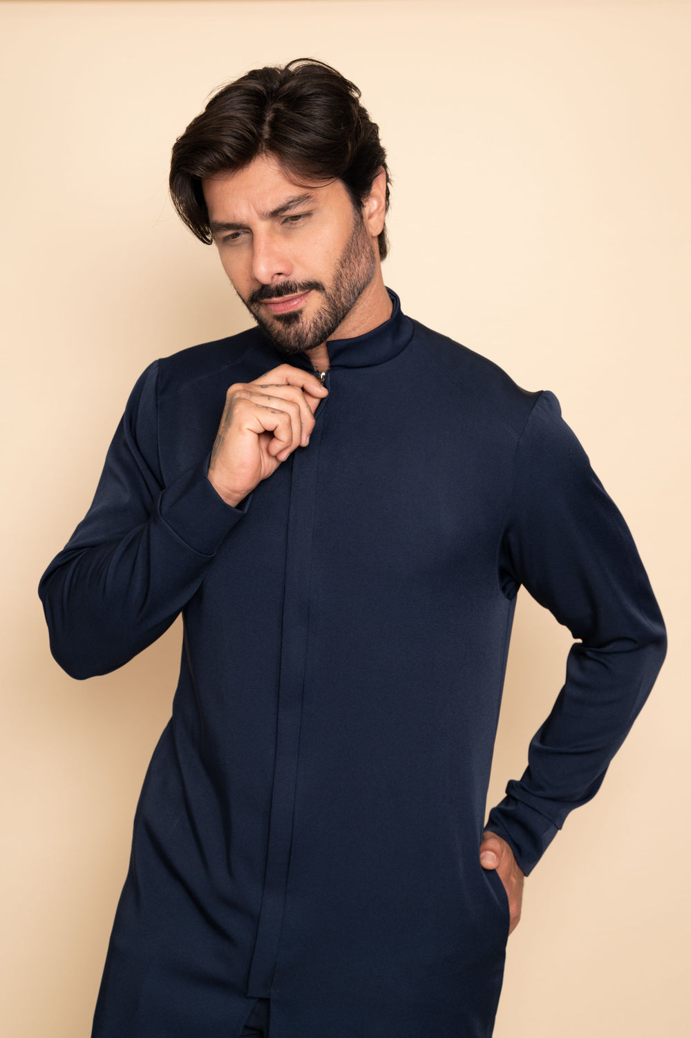Men's navy lab coat with mandarin collar