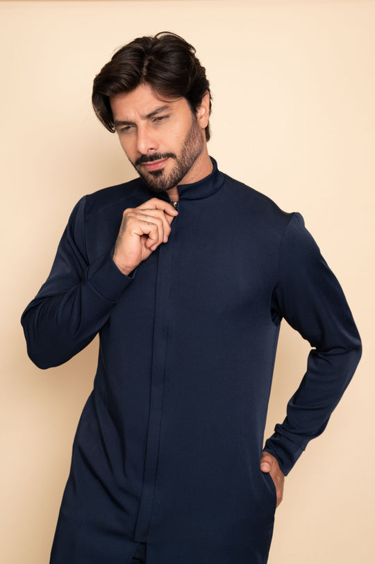 Men's navy lab coat with mandarin collar