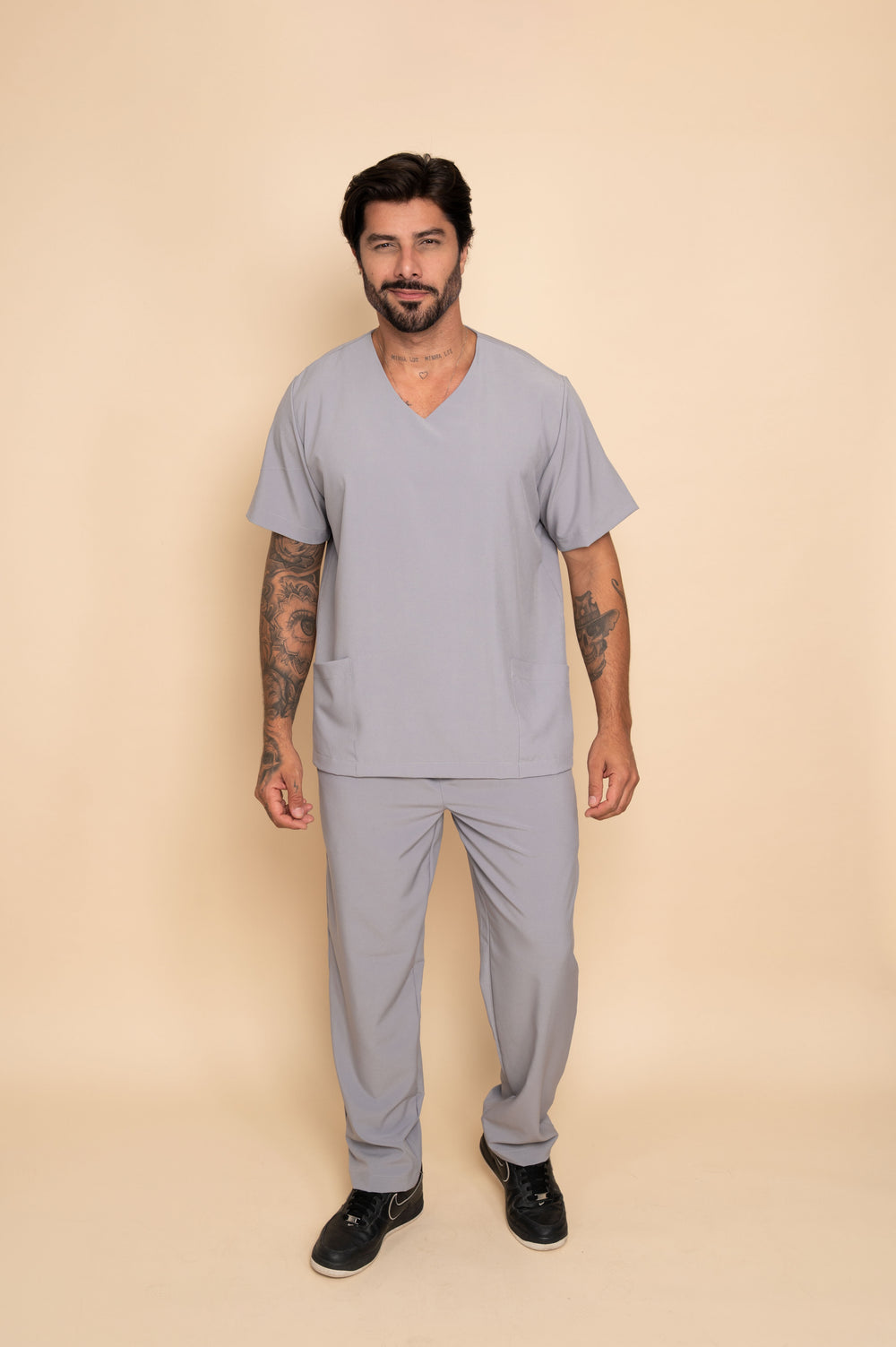 Men's gray scrub set with V-neck top