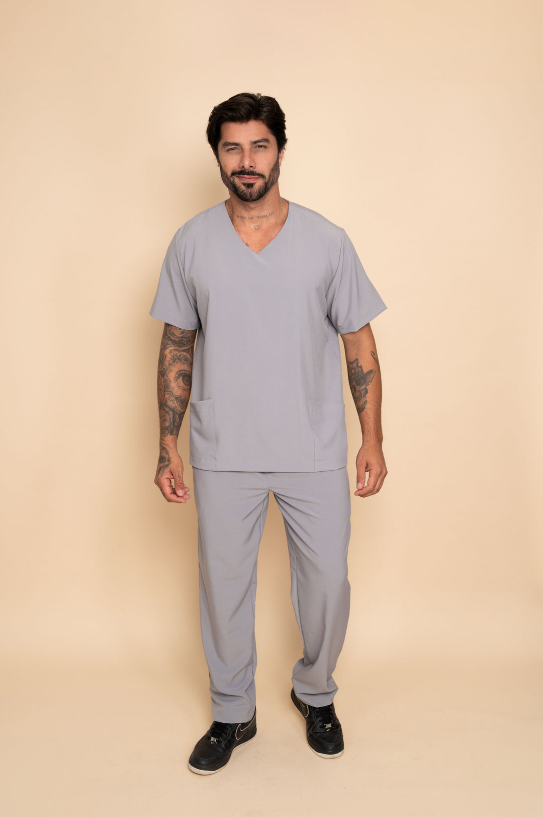 Men's gray scrub set with V-neck top