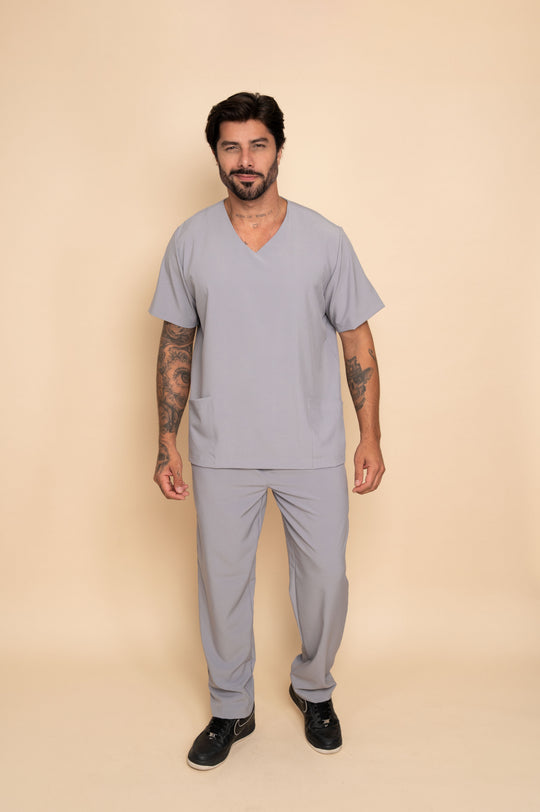 Men's gray scrub set with V-neck top