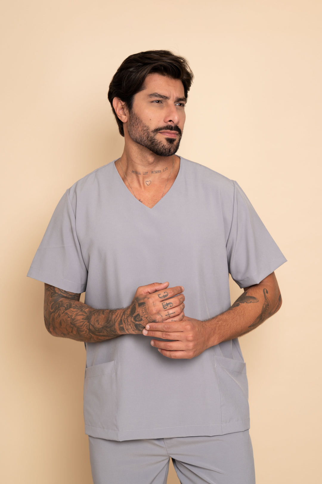 Men's gray scrub set with functional pockets