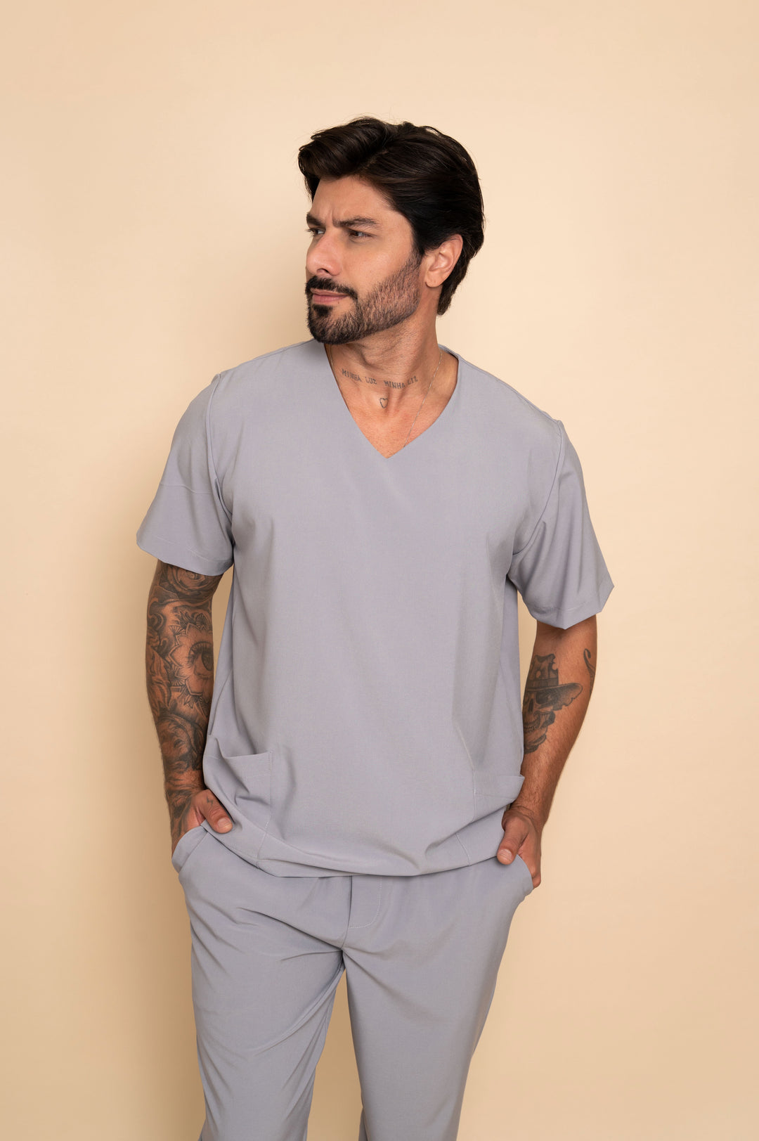 Men's gray four-way stretch scrub set