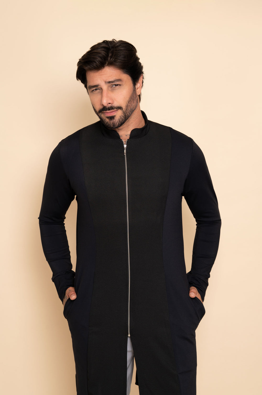 Men's black long sleeve lab coat with mandarin collar