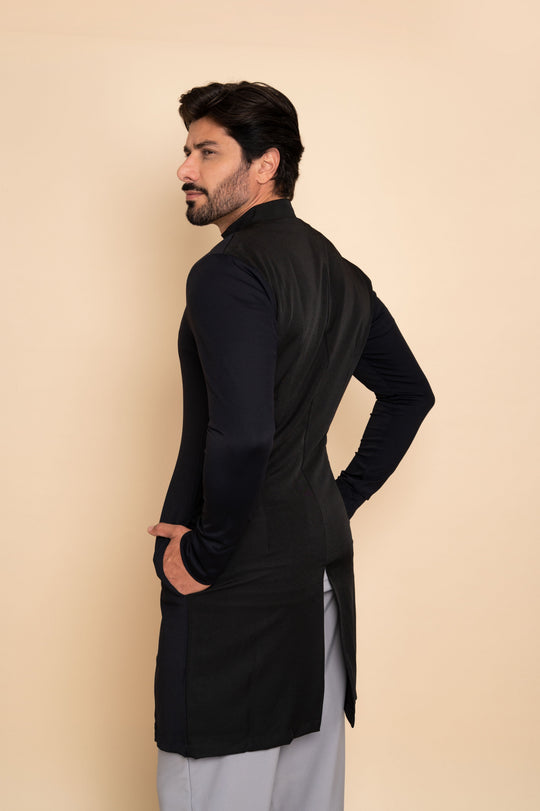 Men's black lab coat with stretch side panels