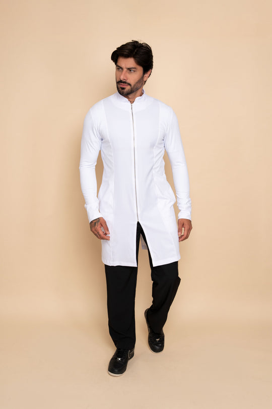Theo men's white lab coat with zipper closure