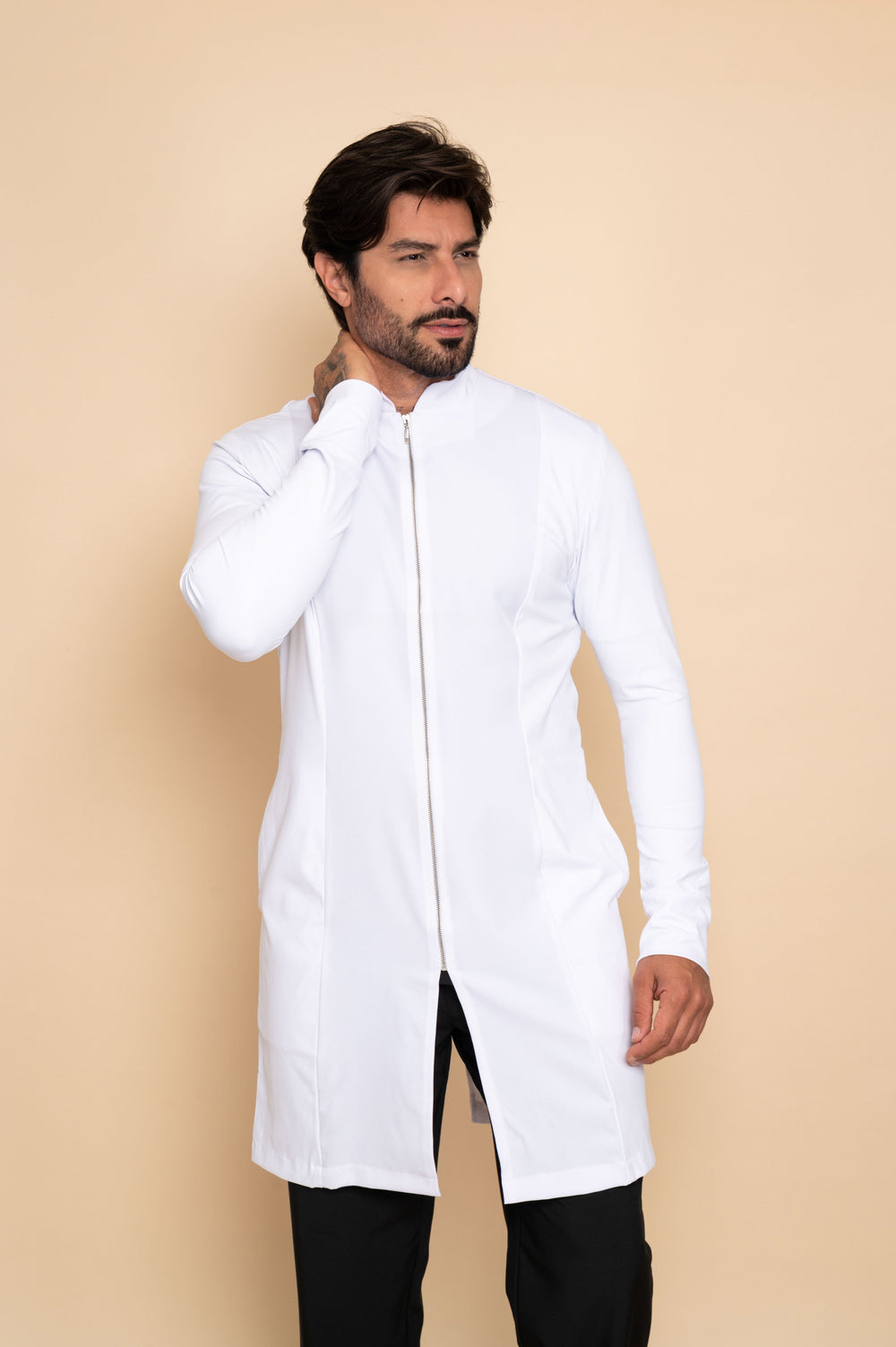 Men's white long sleeve lab coat with mandarin collar