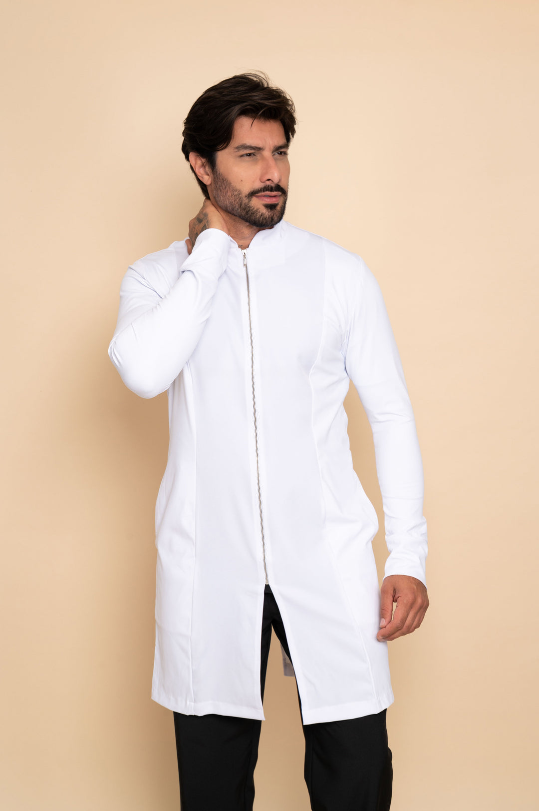 Men's white long sleeve lab coat with mandarin collar