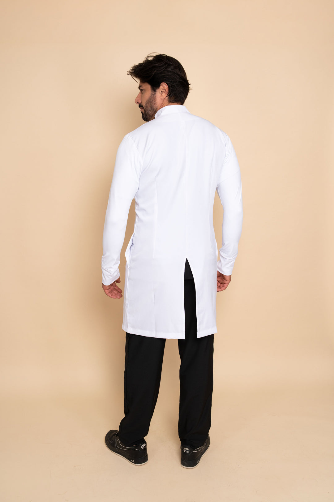 Detail of Theo men's white lab coat collar