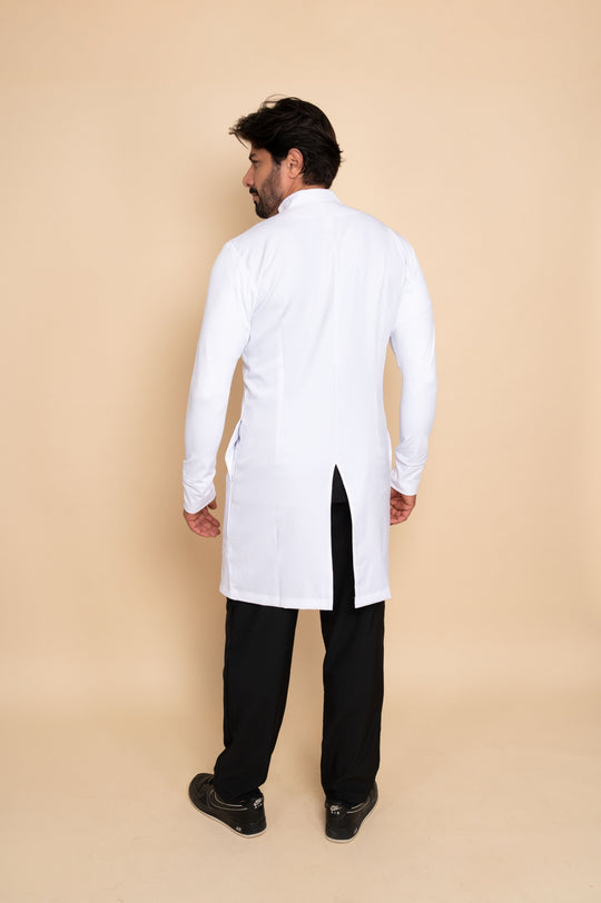 Detail of Theo men's white lab coat collar