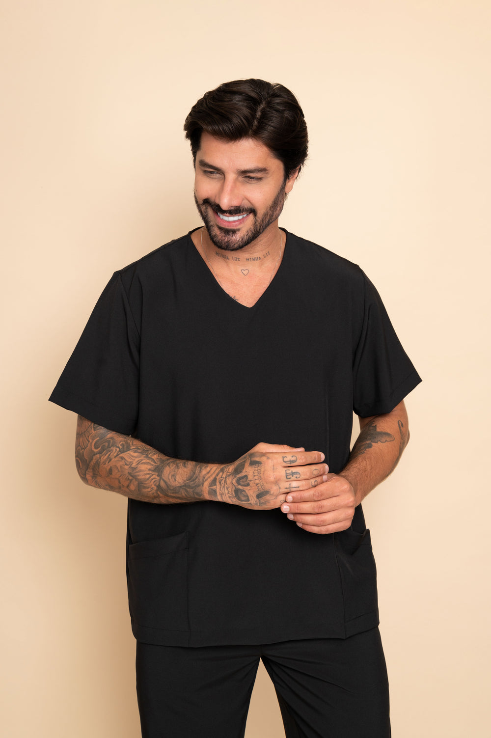 Men's black scrub set with V-neck top
