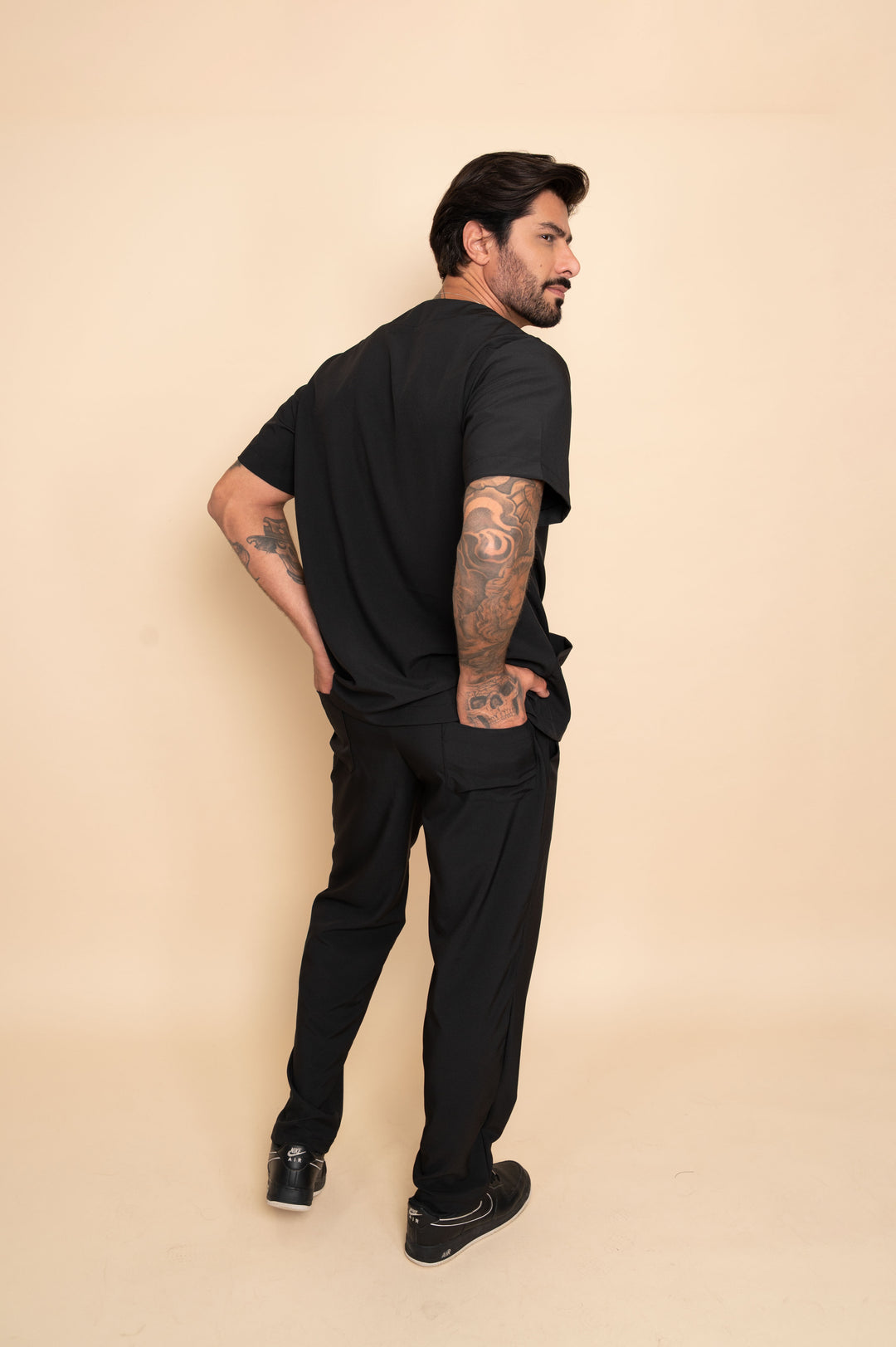 Men's black four-way stretch scrub set