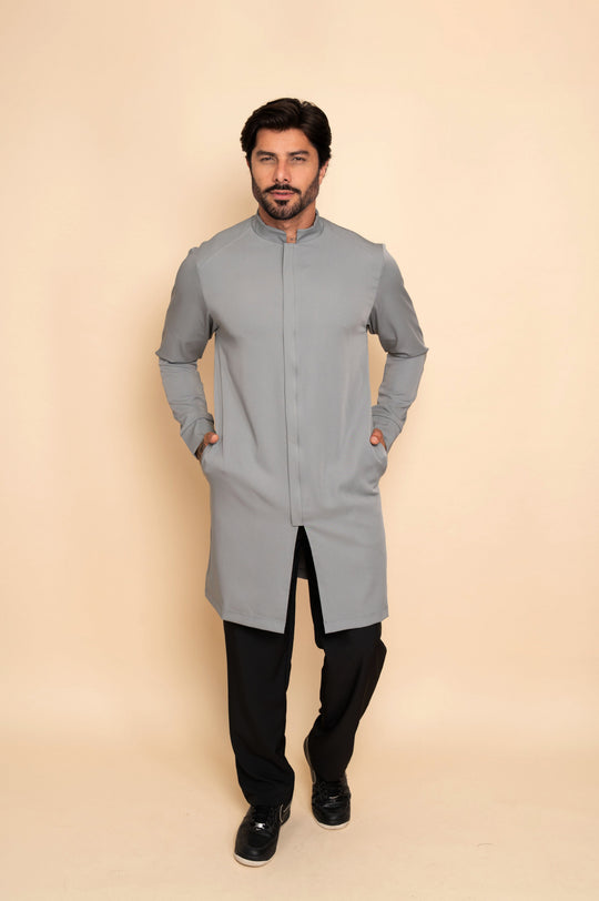 Men's slim fit gray lab coat with hidden zipper