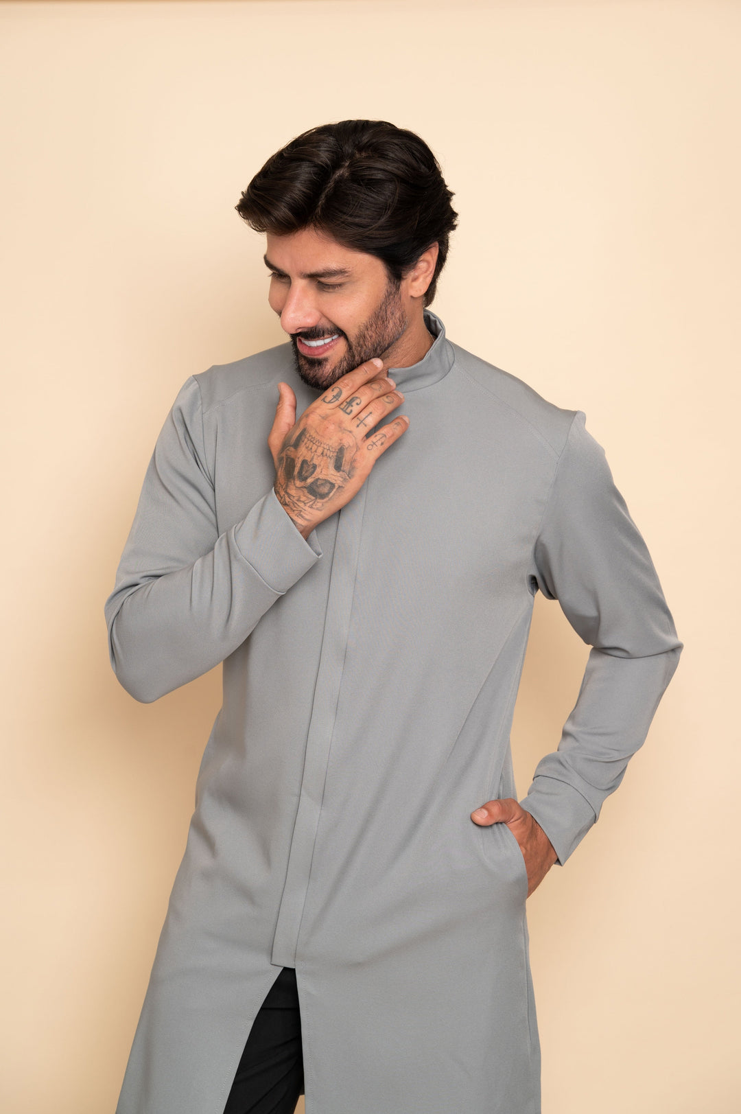 Men's gray medical lab coat with side pockets