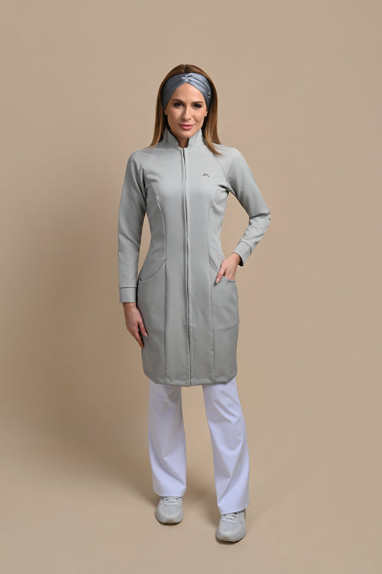 Light gray lab coat for women with stand collar