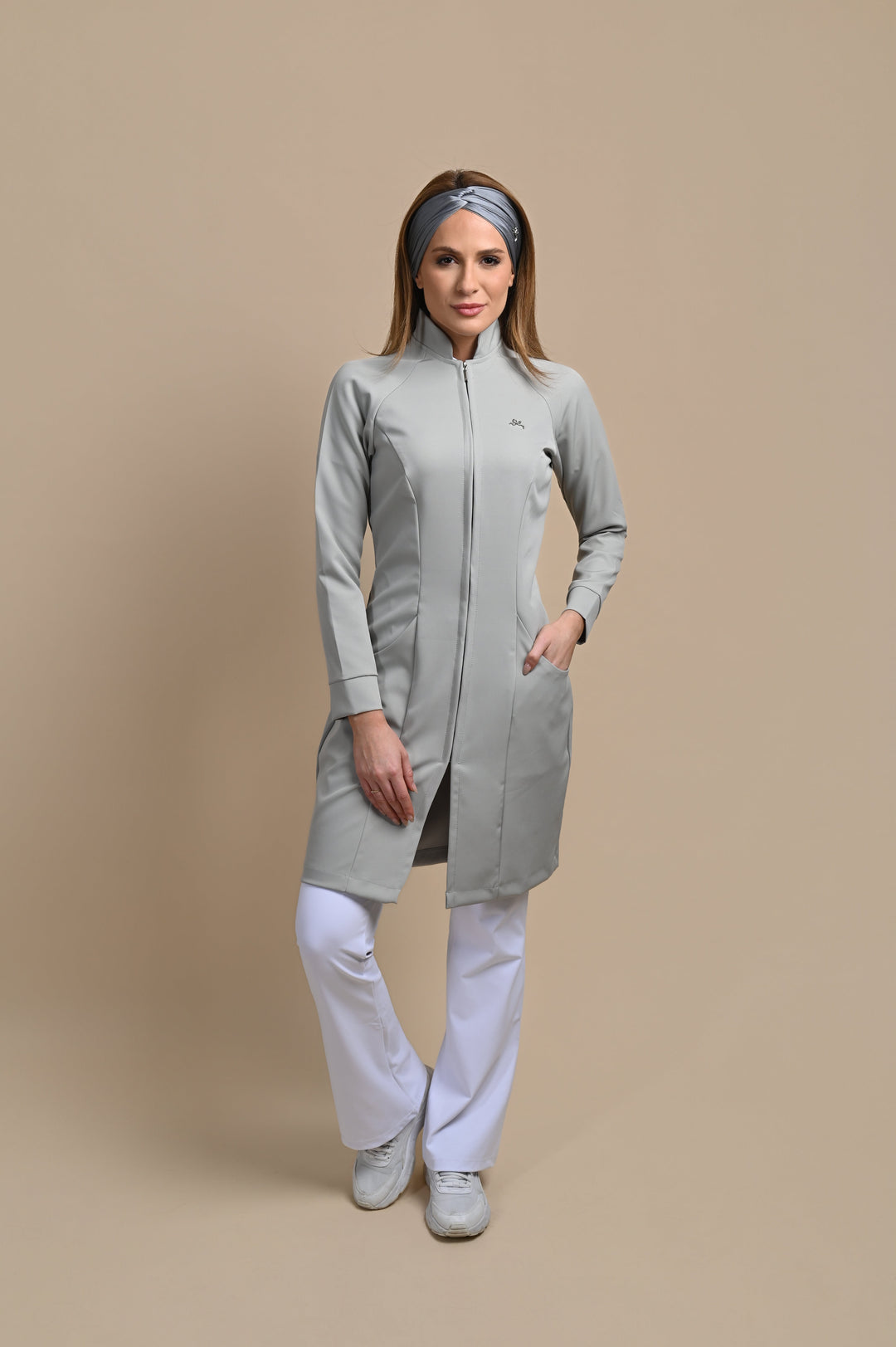Louise women’s lab coat with hidden zipper closure