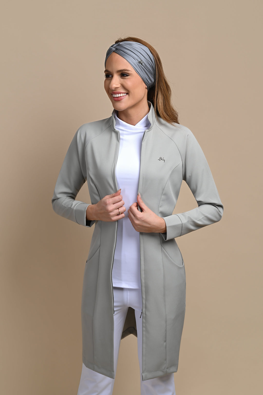 Tailored light gray lab coat for women with refined finish
