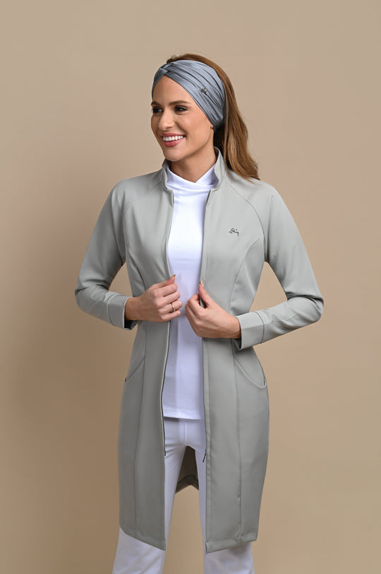 Tailored light gray lab coat for women with refined finish