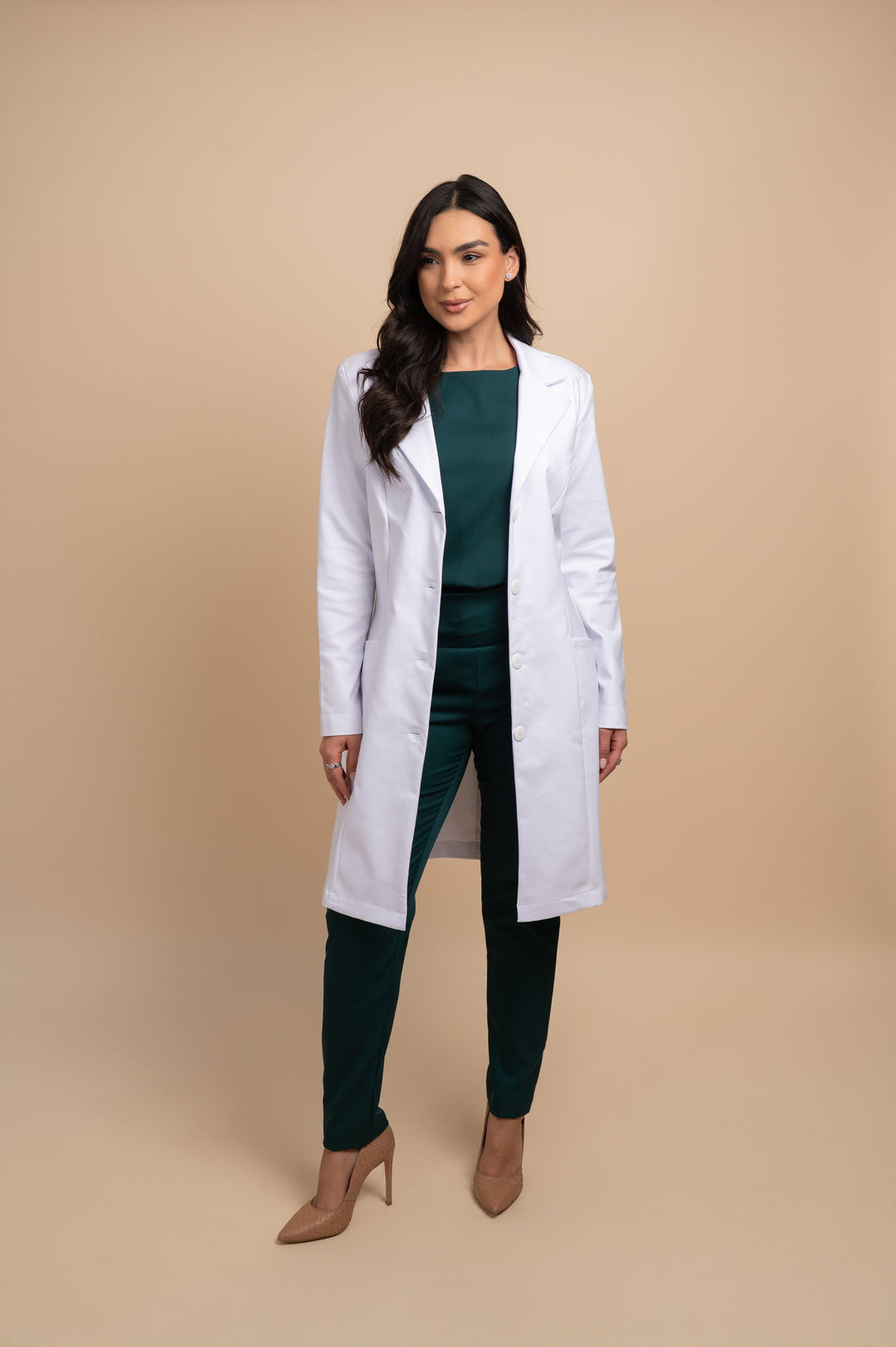 White lab coat for women with elegant smoking collar