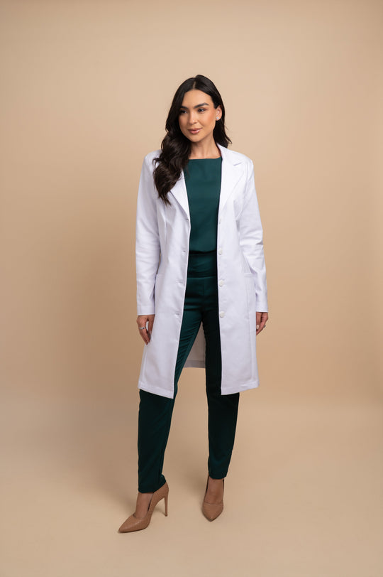 White lab coat for women with elegant smoking collar
