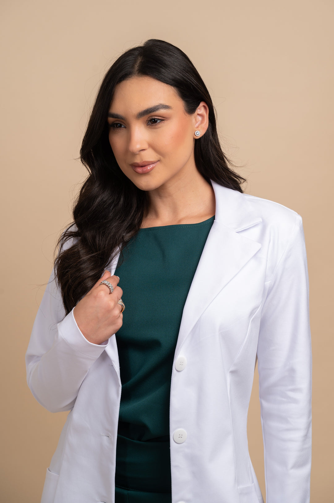 Nice white women’s lab coat with smoking collar and tailored fit