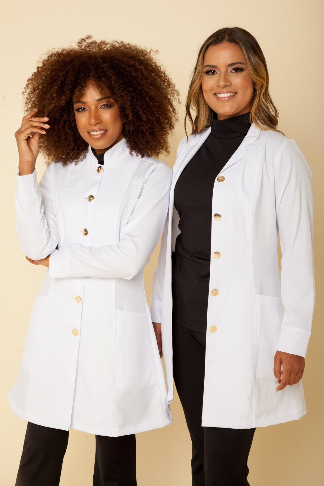 White lab coat for women with refined stand collar