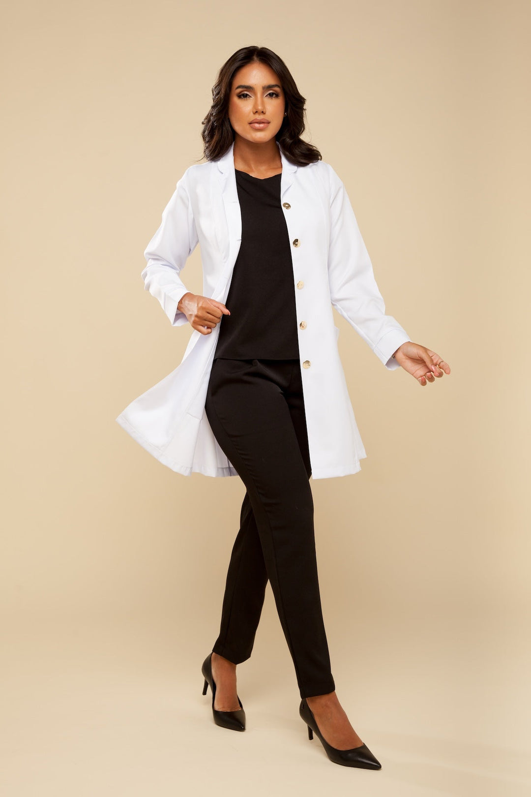 Elegant women’s white lab coat with adjustable cuffs