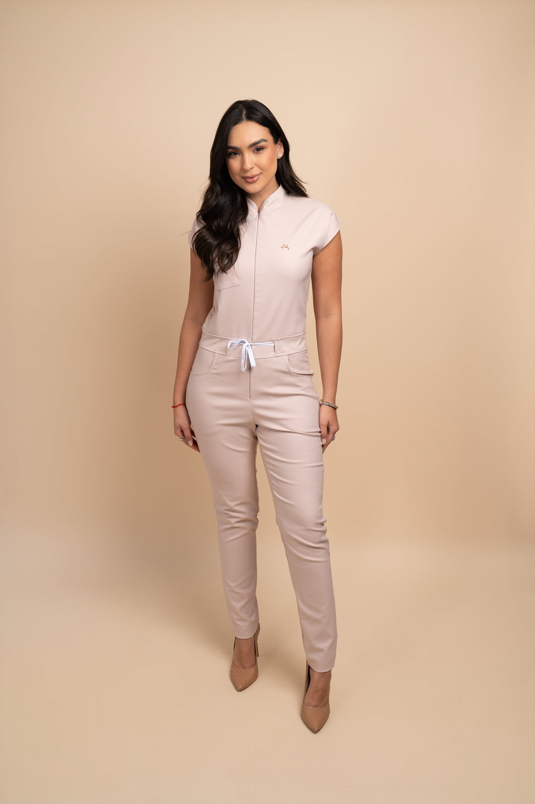 Womens professional nude scrub jumpsuit with pockets